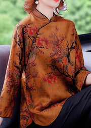 Vintage Ginger Stand Collar side open print Silk Blouse Top Spring