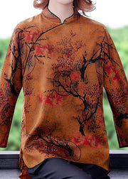Vintage Ginger Stand Collar side open print Silk Blouse Top Spring