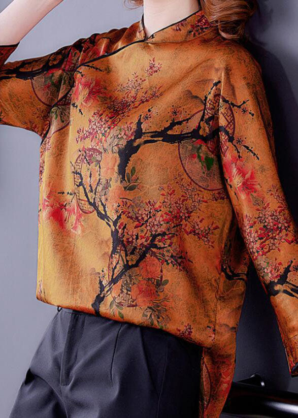 Vintage Ginger Stand Collar side open print Silk Blouse Top Spring