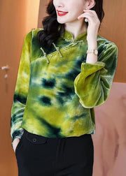 Vintage Green Button Mandarin Collar Velour Top Long sleeve
