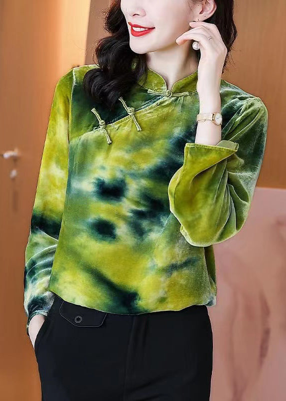 Vintage Green Button Mandarin Collar Velour Top Long sleeve
