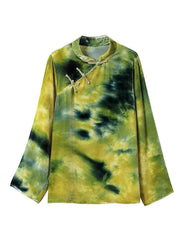 Vintage Green Button Mandarin Collar Velour Top Long sleeve