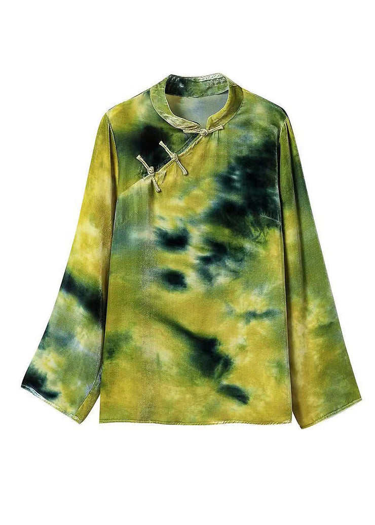 Vintage Green Button Mandarin Collar Velour Top Long sleeve