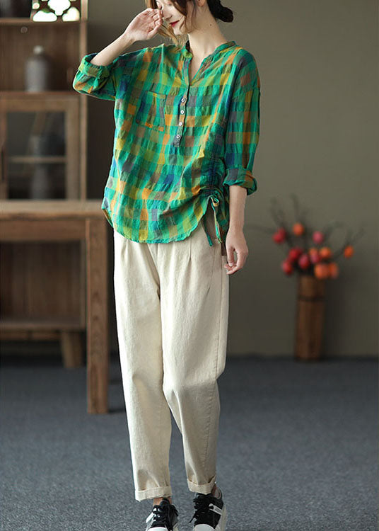 Vintage Green Loose Plaid drawstring Fall Long sleeve Shirt