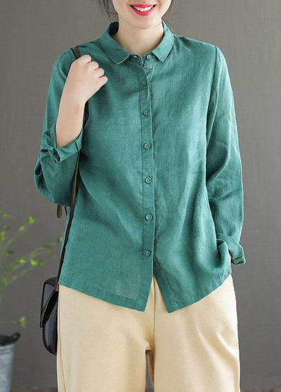 Vintage Green Peter Pan Collar Patchwork Summer Linen Blouses Long Sleeve - SooLinen