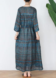 Vintage Green Print Cotton V Necktie Waist Spring Long Dress - SooLinen