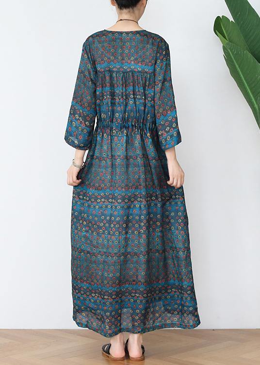 Vintage Green Print Cotton V Necktie Waist Spring Long Dress - SooLinen