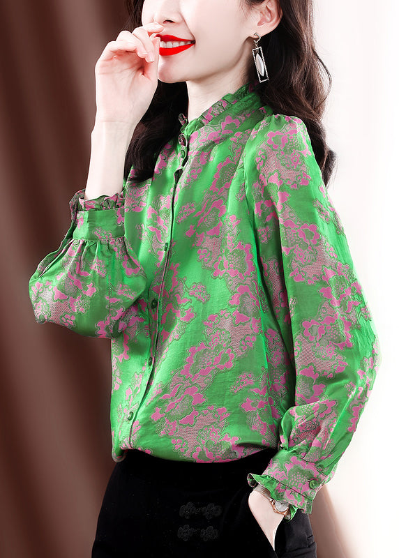 Vintage Green Stand Collar Button Ruffled Jacquard Silk Shirt Top Long Sleeve