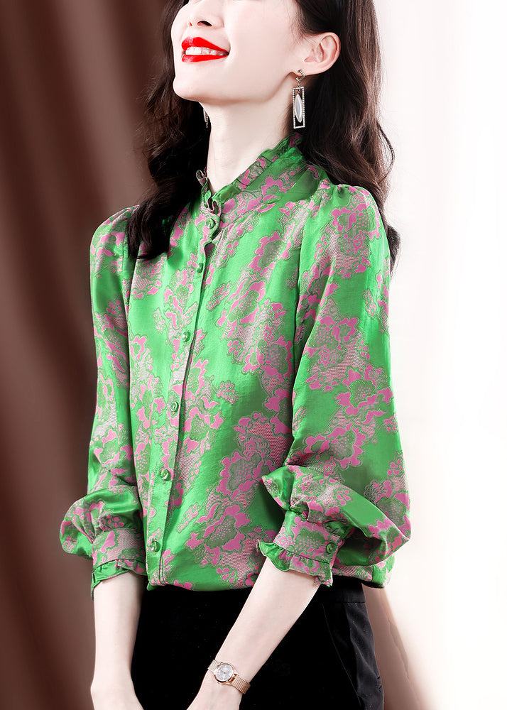 Vintage Green Stand Collar Button Ruffled Jacquard Silk Shirt Top Long Sleeve