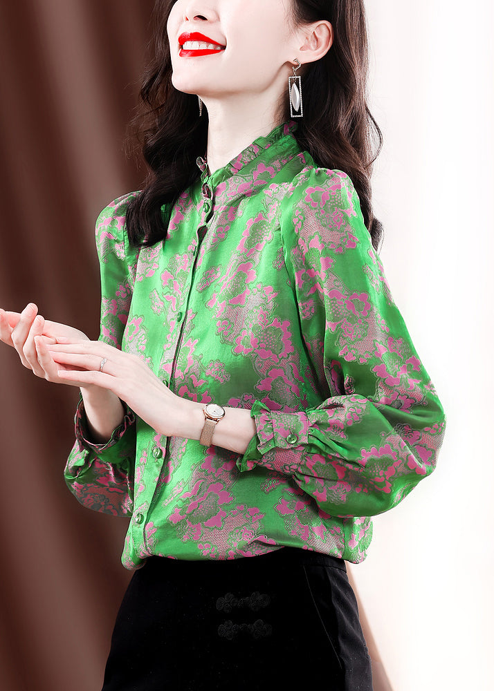 Vintage Green Stand Collar Button Ruffled Jacquard Silk Shirt Top Long Sleeve