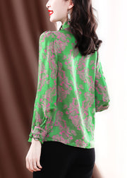 Vintage Green Stand Collar Button Ruffled Jacquard Silk Shirt Top Long Sleeve