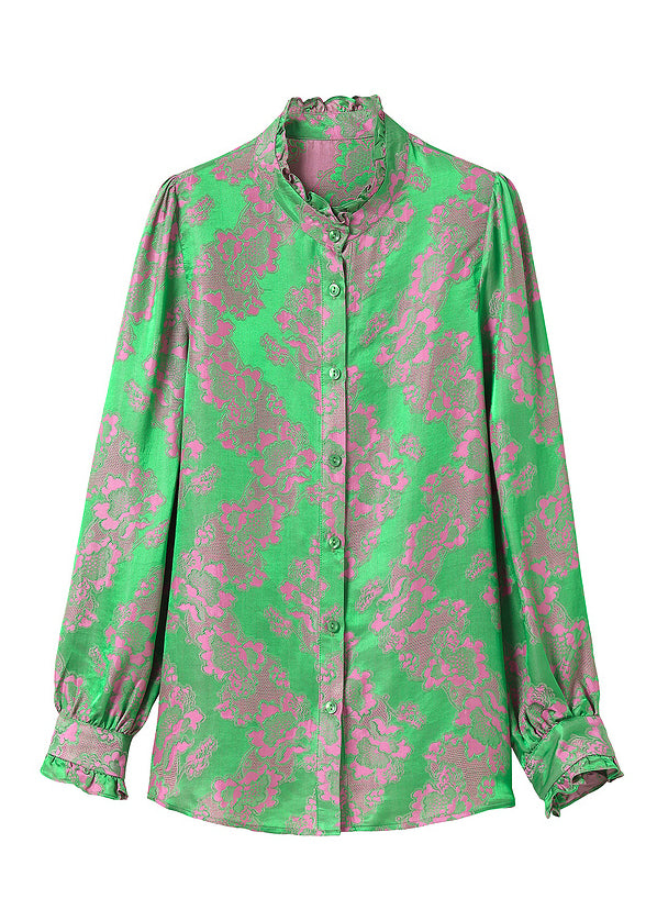 Vintage Green Stand Collar Button Ruffled Jacquard Silk Shirt Top Long Sleeve