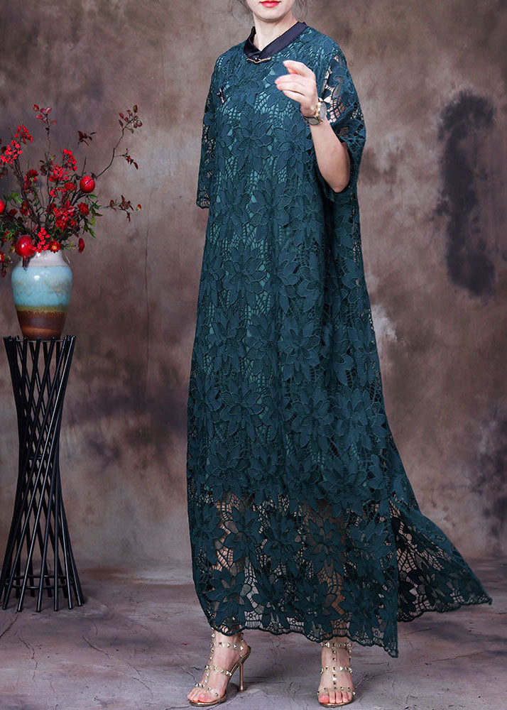 Vintage Green Stand Collar Patchwork Side Open Lace Long Dresses Half Sleeve