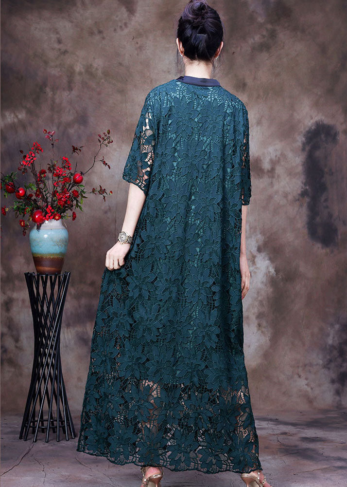 Vintage Green Stand Collar Patchwork Side Open Lace Long Dresses Half Sleeve