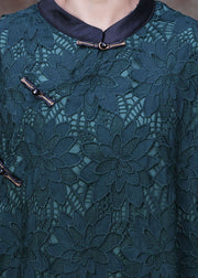 Vintage Green Stand Collar Patchwork Side Open Lace Long Dresses Half Sleeve