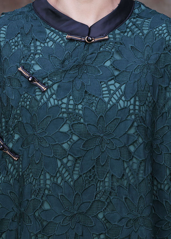 Vintage Green Stand Collar Patchwork Side Open Lace Long Dresses Half Sleeve