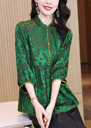 Vintage Green Stand Collar Wrinkled Jacquard Silk Shirt Tops Bracelet Sleeve