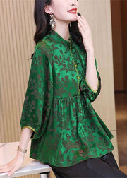 Vintage Green Stand Collar Wrinkled Jacquard Silk Shirt Tops Bracelet Sleeve