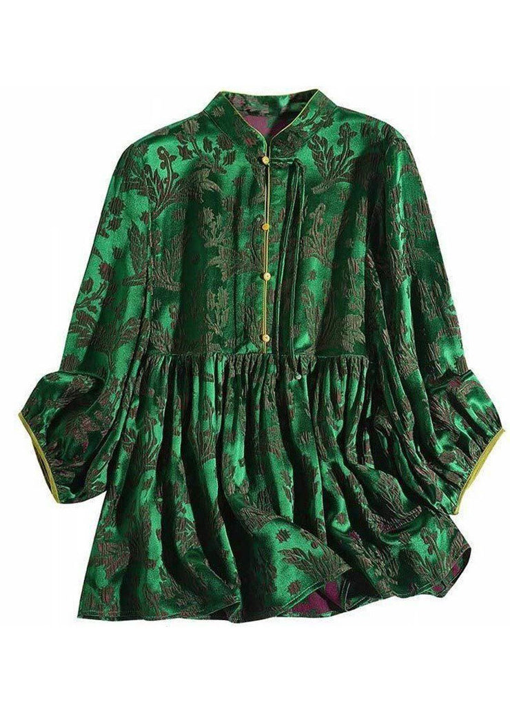 Vintage Green Stand Collar Wrinkled Jacquard Silk Shirt Tops Bracelet Sleeve