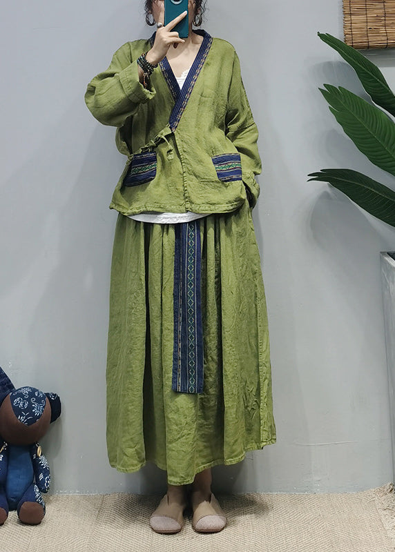 Vintage Green V Neck Linen Shirt Top Loose Skirt Sets Two Pieces Long Sleeve