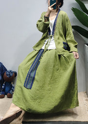 Vintage Green V Neck Linen Shirt Top Loose Skirt Sets Two Pieces Long Sleeve