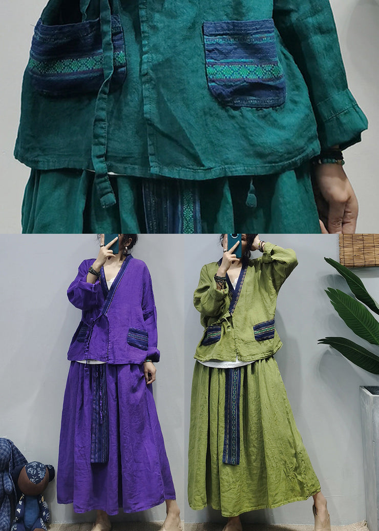 Vintage Green V Neck Linen Shirt Top Loose Skirt Sets Two Pieces Long Sleeve