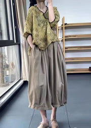 Vintage Green V Neck Ruffled Leaf Print Linen Shirts Lantern Sleeve