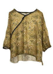 Vintage Green V Neck Ruffled Leaf Print Linen Shirts Lantern Sleeve