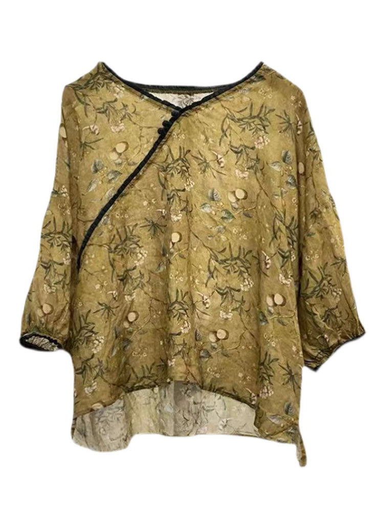 Vintage Green V Neck Ruffled Leaf Print Linen Shirts Lantern Sleeve
