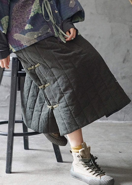 Vintage Green elastic waist drawstring Fine Cotton Filled Skirts Winter