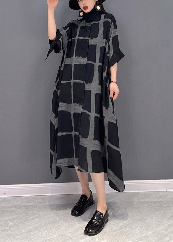 Vintage Grey Peter Pan Collar Asymmetrical Print Button Pockets Long Dress Half Sleeve