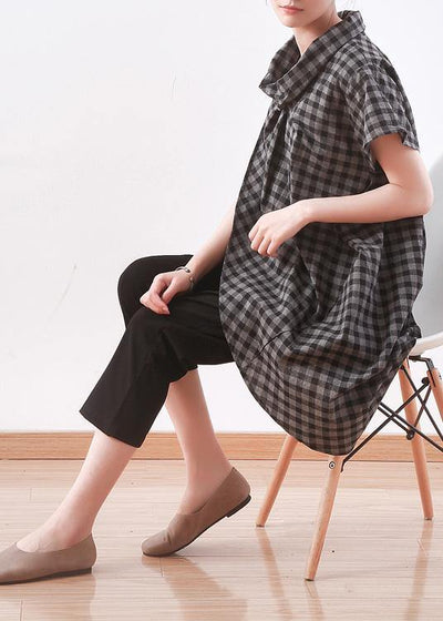 Vintage Grey Plaid Turtleneck Asymmetrical Design Summer Blouses - SooLinen