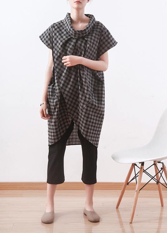 Vintage Grey Plaid Turtleneck Asymmetrical Design Summer Blouses - SooLinen