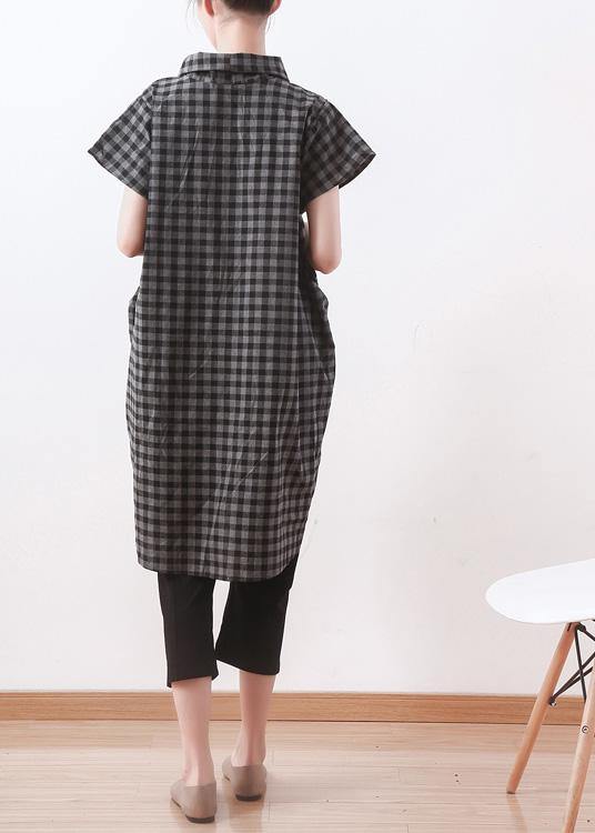 Vintage Grey Plaid Turtleneck Asymmetrical Design Summer Blouses - SooLinen