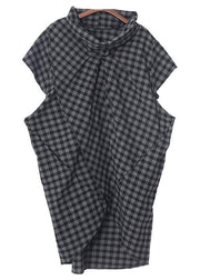 Vintage Grey Plaid Turtleneck Asymmetrical Design Summer Blouses - SooLinen
