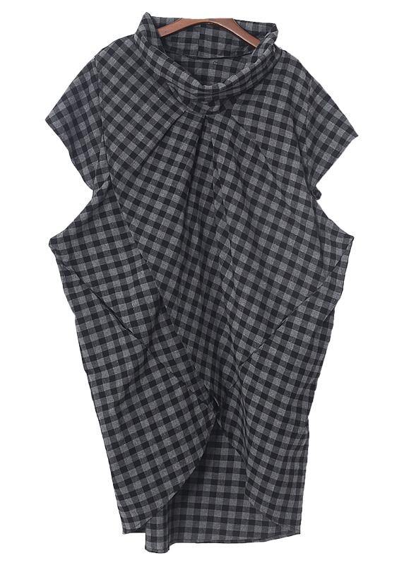 Vintage Grey Plaid Turtleneck Asymmetrical Design Summer Blouses - SooLinen