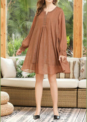 Vintage Khaki Long Sleeve Chiffon Summer Dress - SooLinen