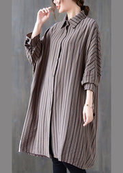 Vintage Khaki PeterPan Collar Button Striped Fall Long Sleeve Top