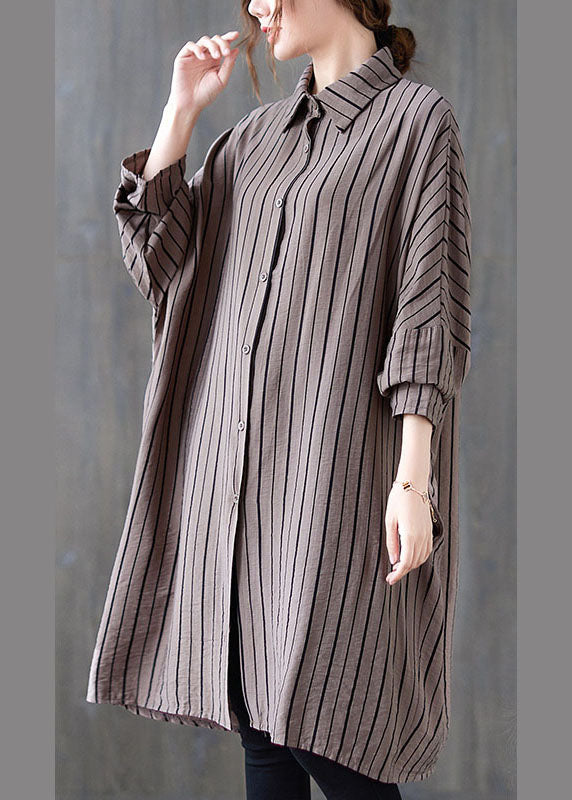 Vintage Khaki PeterPan Collar Button Striped Fall Long Sleeve Top