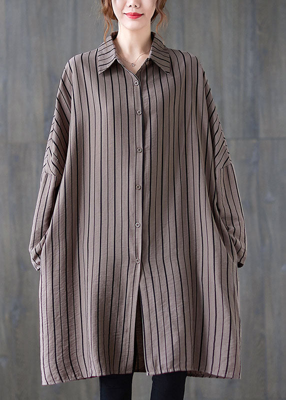 Vintage Khaki PeterPan Collar Button Striped Fall Long Sleeve Top