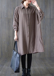 Vintage Khaki PeterPan Collar Button Striped Fall Long Sleeve Top
