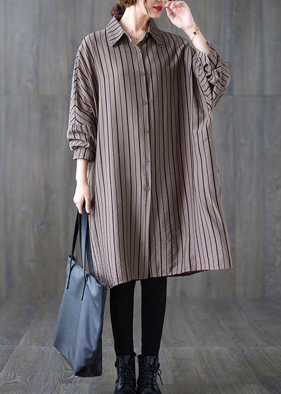 Vintage Khaki PeterPan Collar Button Striped Fall Long Sleeve Top