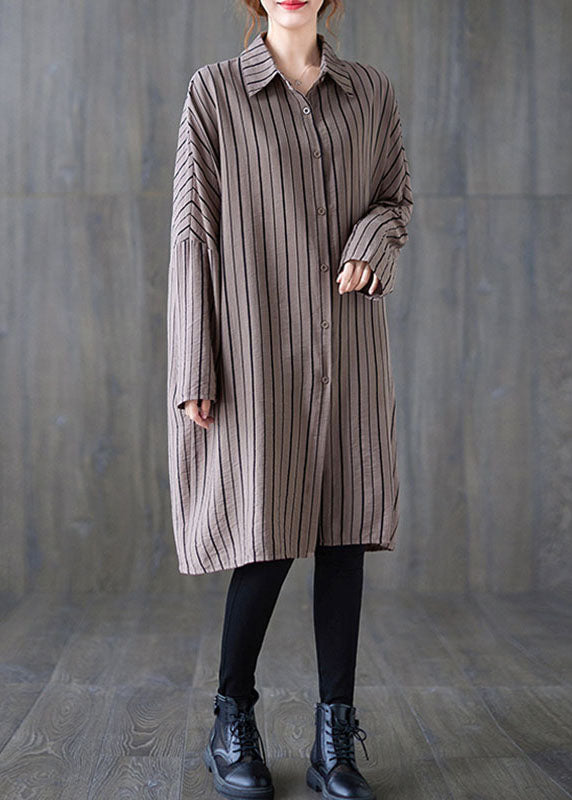 Vintage Khaki PeterPan Collar Button Striped Fall Long Sleeve Top