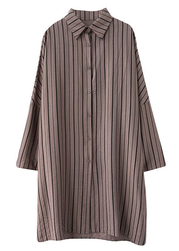 Vintage Khaki PeterPan Collar Button Striped Fall Long Sleeve Top
