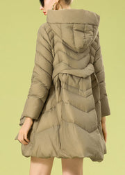 Vintage Khaki hooded zippered Bow Winter Duck Down coat
