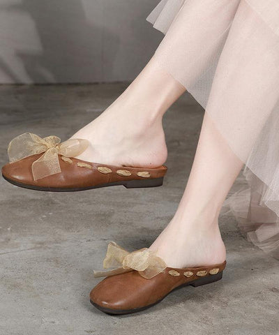 Vintage Lace Up Flat Shoes Brown Cowhide Leather Slippers - SooLinen