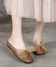 Vintage Lace Up Flat Shoes Brown Cowhide Leather Slippers - SooLinen