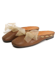 Vintage Lace Up Flat Shoes Brown Cowhide Leather Slippers - SooLinen