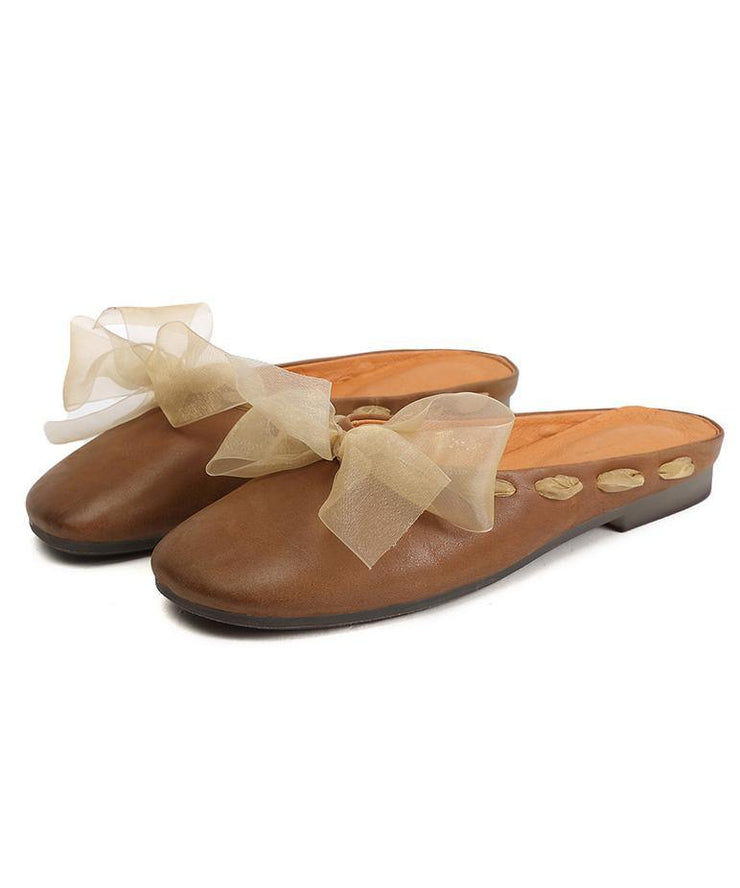 Vintage Lace Up Flat Shoes Brown Cowhide Leather Slippers - SooLinen