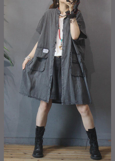 Vintage Large Pocket Grey Denim Dress - SooLinen